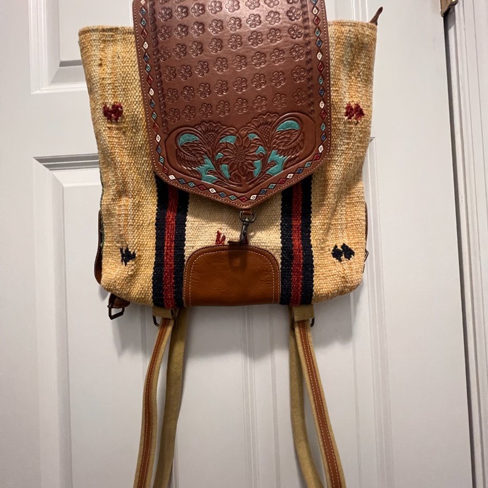 Boho western woven backpack tooled leather flap Aztec southwestern festival bag - Picture 5 of 12